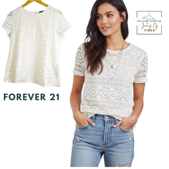 Forever 21 Cream Floral Lacey Lined Top Sz Large - Picture 1 of 16